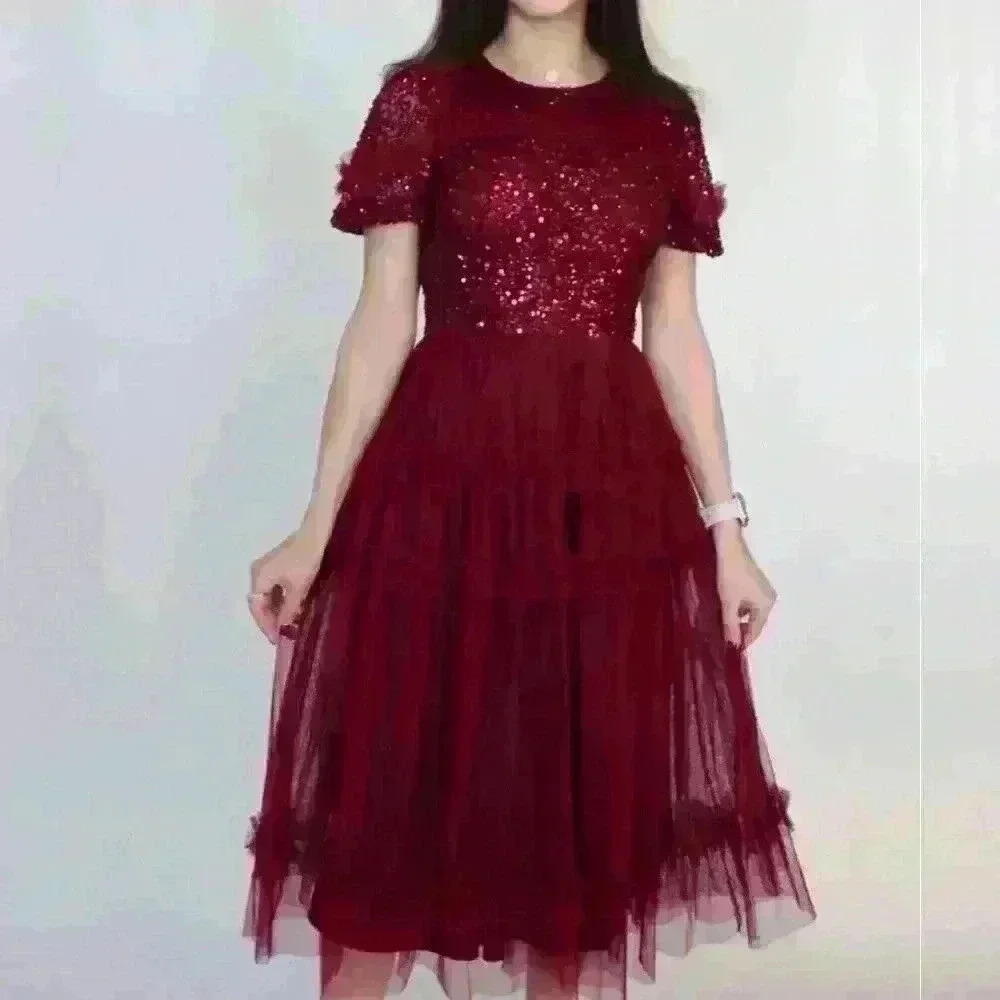 Maya Deluxe Burgundy Sequin Midi Christmas/New Year's Party Dress